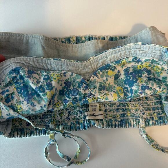 American Eagle Light Wash Denim Crop Top Bustier Size XS/S Ruched Floral - Picture 6 of 6